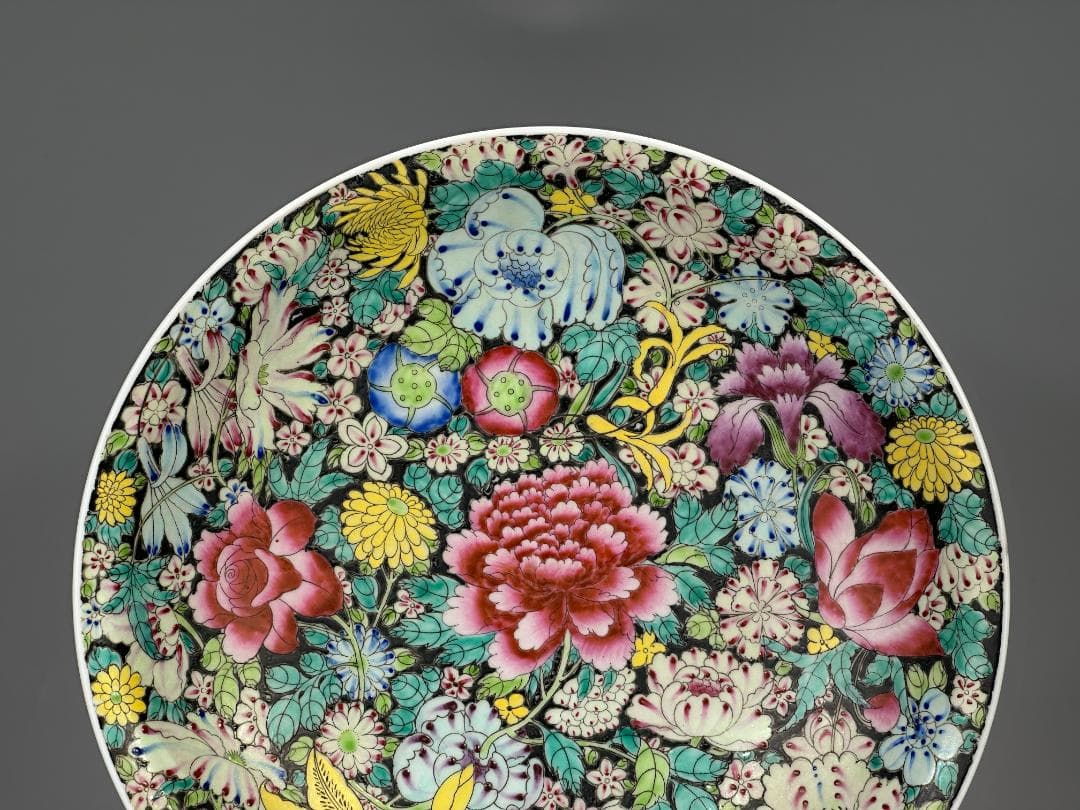 中国美術　景徳鎮製　粉彩百花不落地大盤　粉彩皿　時代　唐物