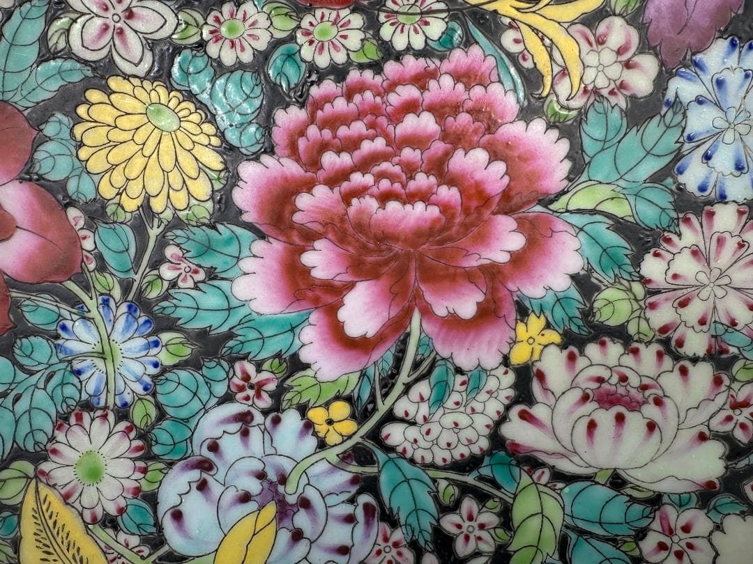 中国美術　景徳鎮製　粉彩百花不落地大盤　粉彩皿　時代　唐物