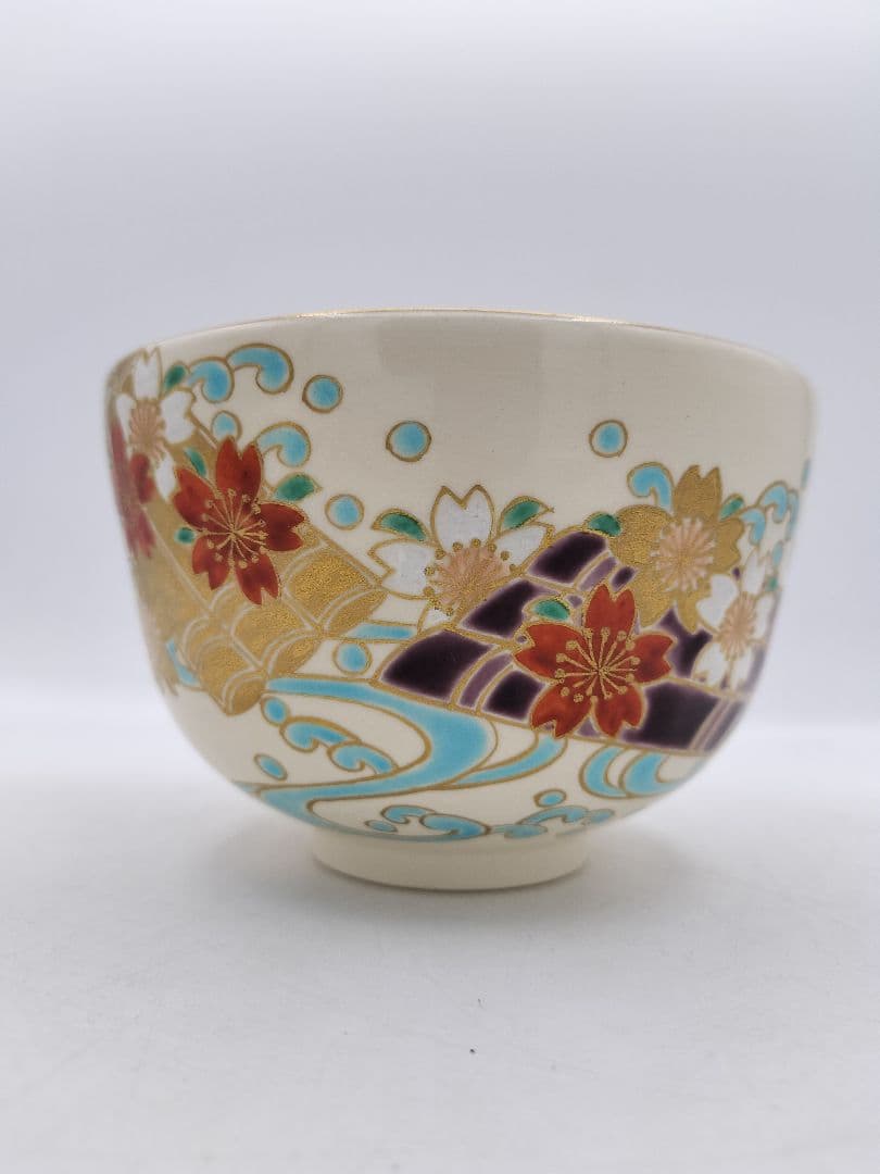 c165【未使用】茶碗 色絵 花筏 杣山焼 南口閑粋 木箱 茶道具 NI12