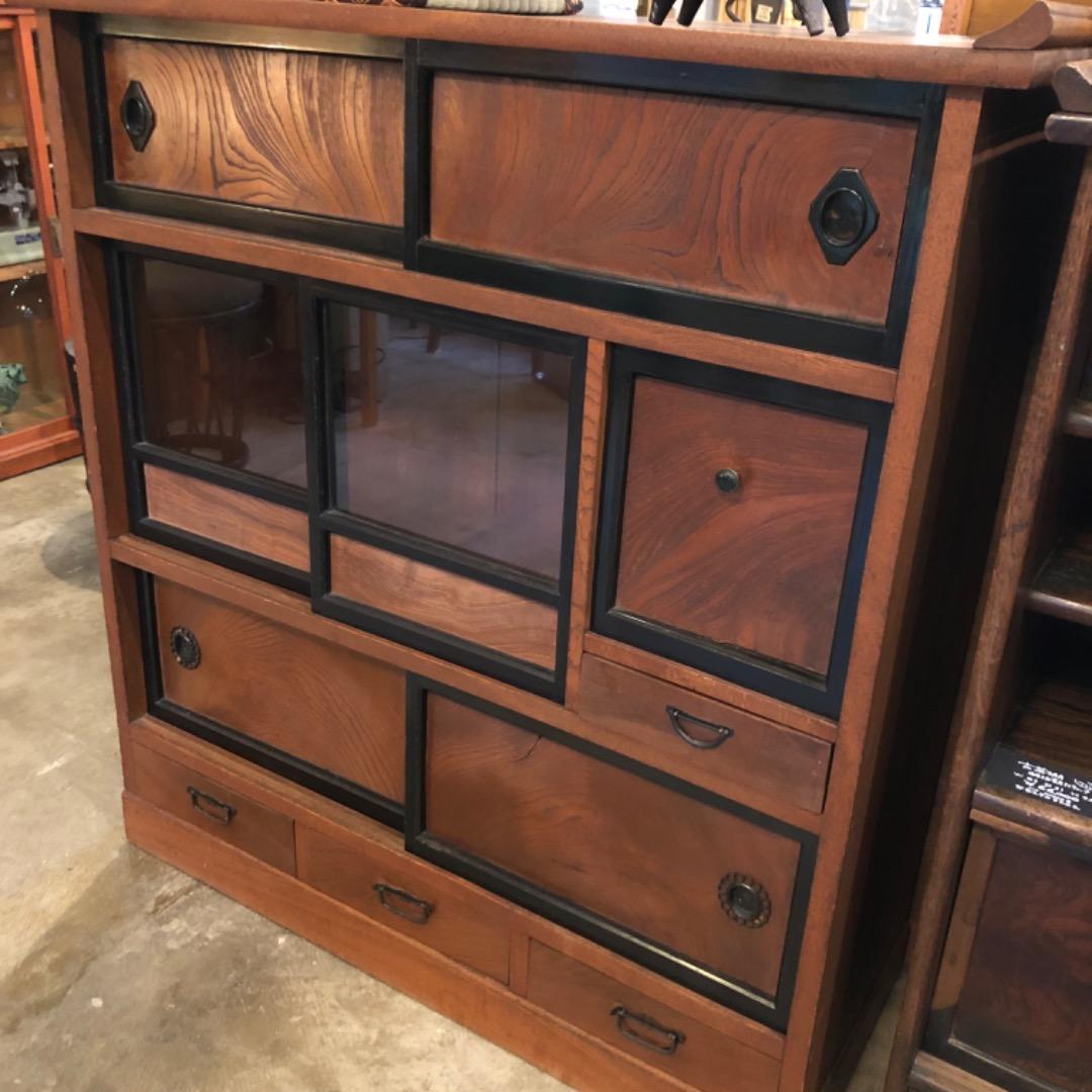 昭和アンティーク　茶棚　飾り棚　木製引き出し　ガラス戸付き　収納棚　茶箪笥　棚