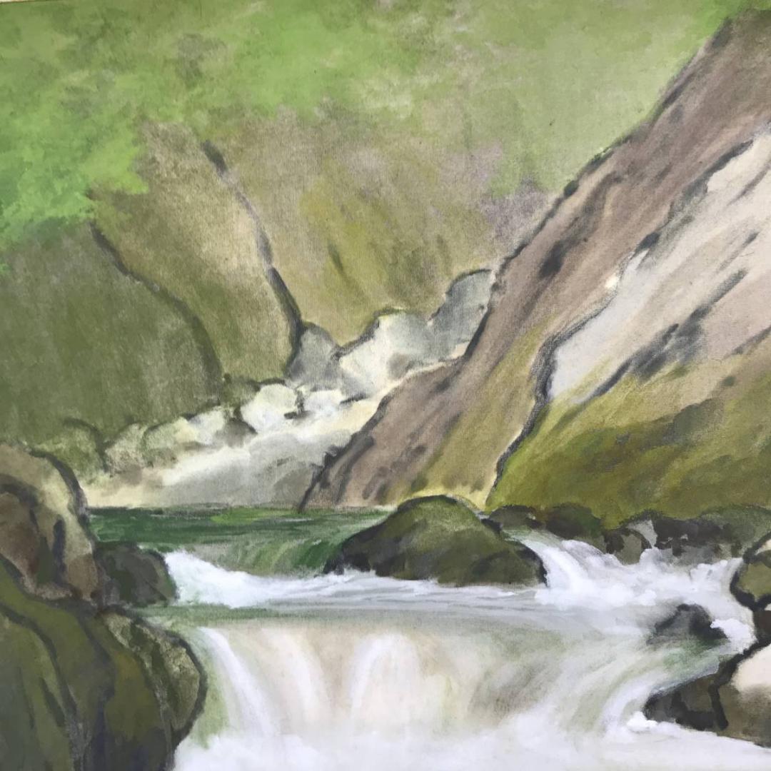 真作/水島裕/清流図/山水図/渓流図/横物/岩絵具/名家伝来AE-282