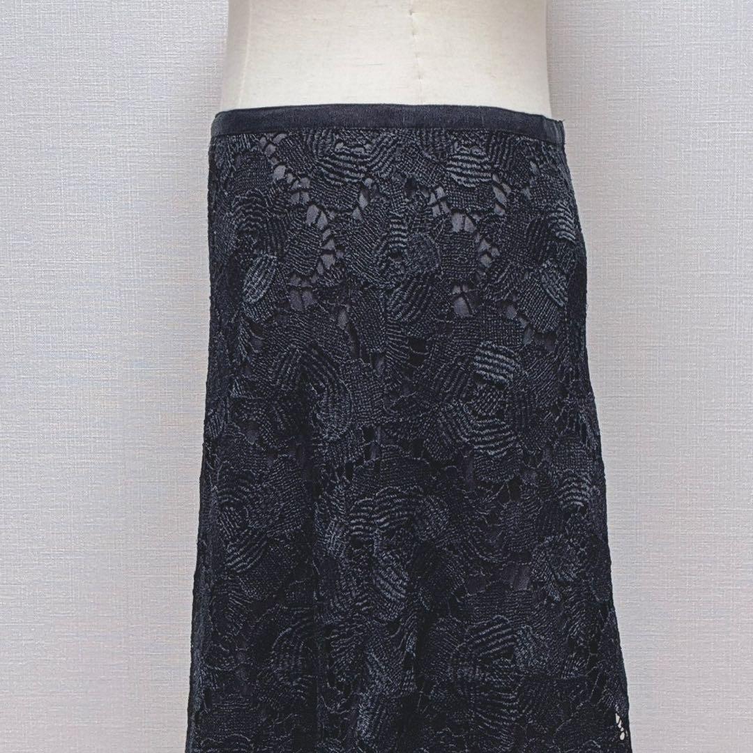 美品　エポカ　フラワー　ケミカルレース　フレアスカート　ミディ丈　日本製　黒　M