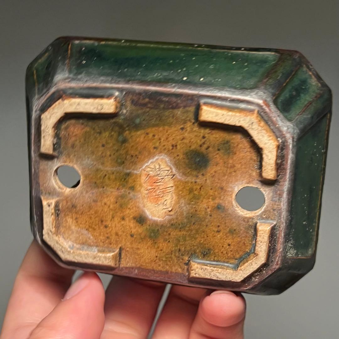 802.夢陶 緑釉额入切角長方 盆栽鉢 植木鉢 9.5*7.8*3cm