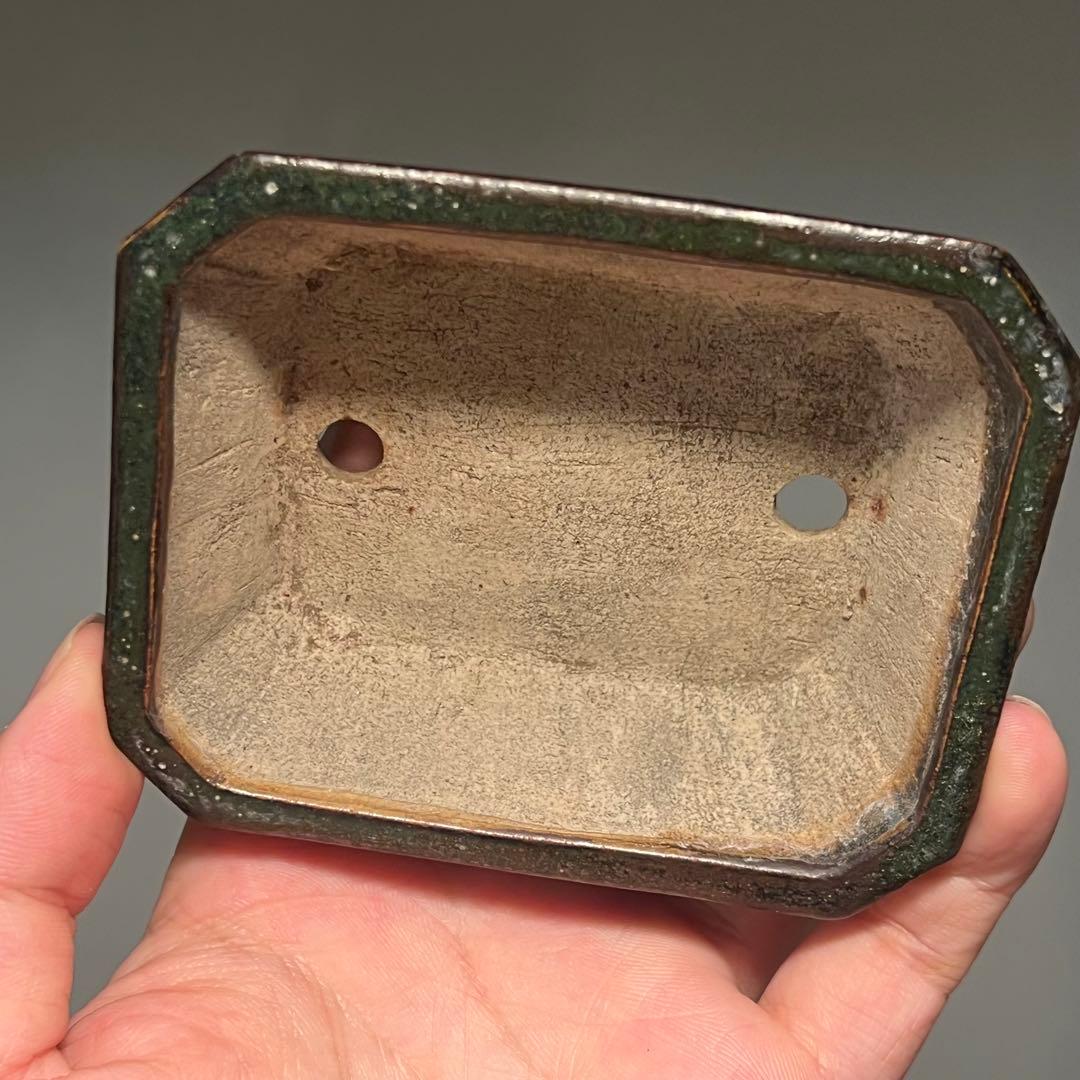 802.夢陶 緑釉额入切角長方 盆栽鉢 植木鉢 9.5*7.8*3cm