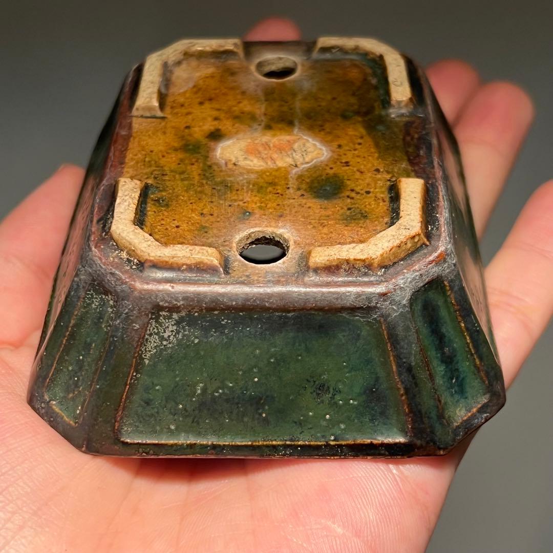 802.夢陶 緑釉额入切角長方 盆栽鉢 植木鉢 9.5*7.8*3cm