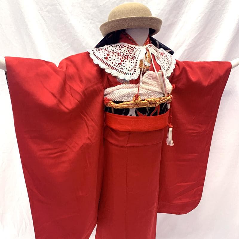 511ag59■七五三 七歳 女児 着物&袋帯&長襦袢 手鞠 駒 赤■美品