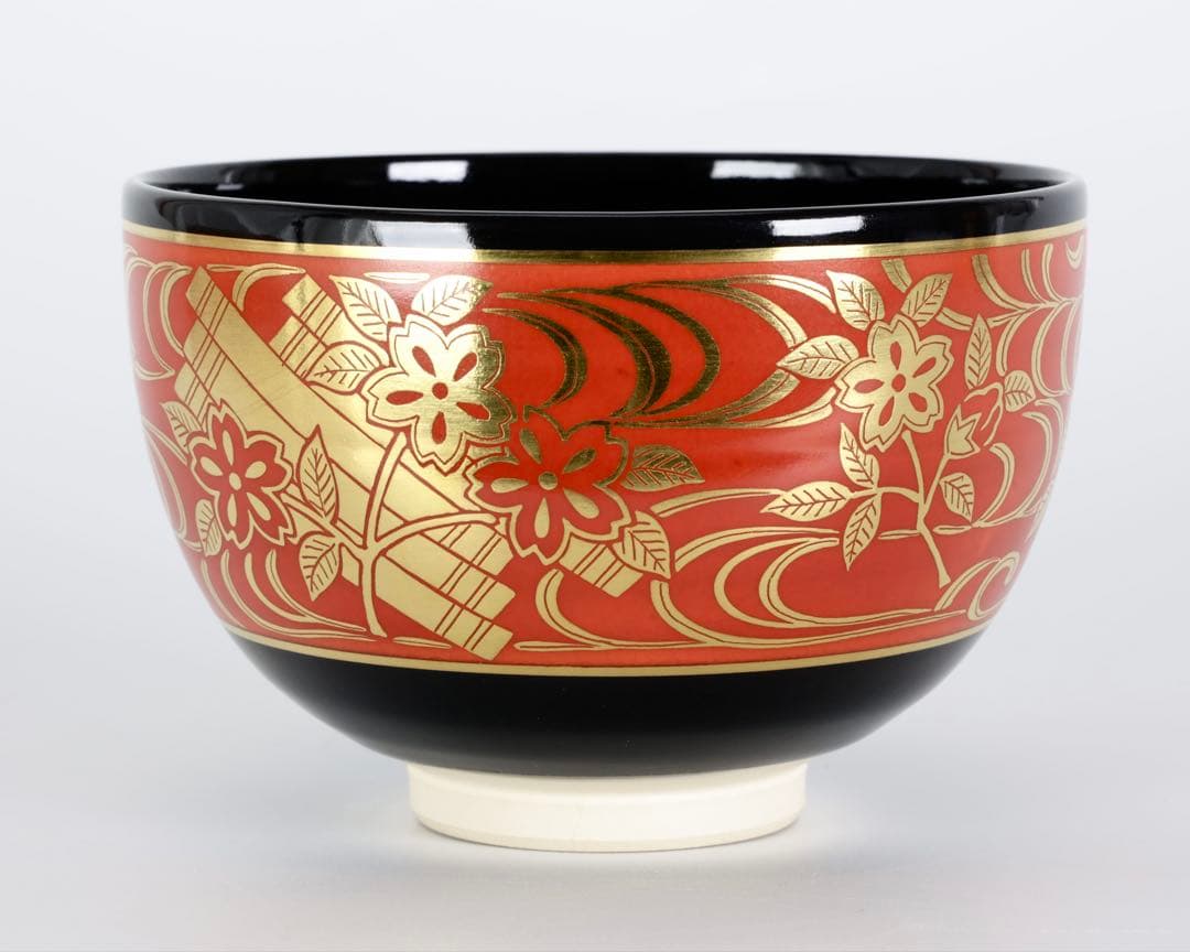 七代 高橋道八 黒釉金襴花筏茶碗 共箱付 京焼 茶道具 抹茶碗 古美術品 骨董品