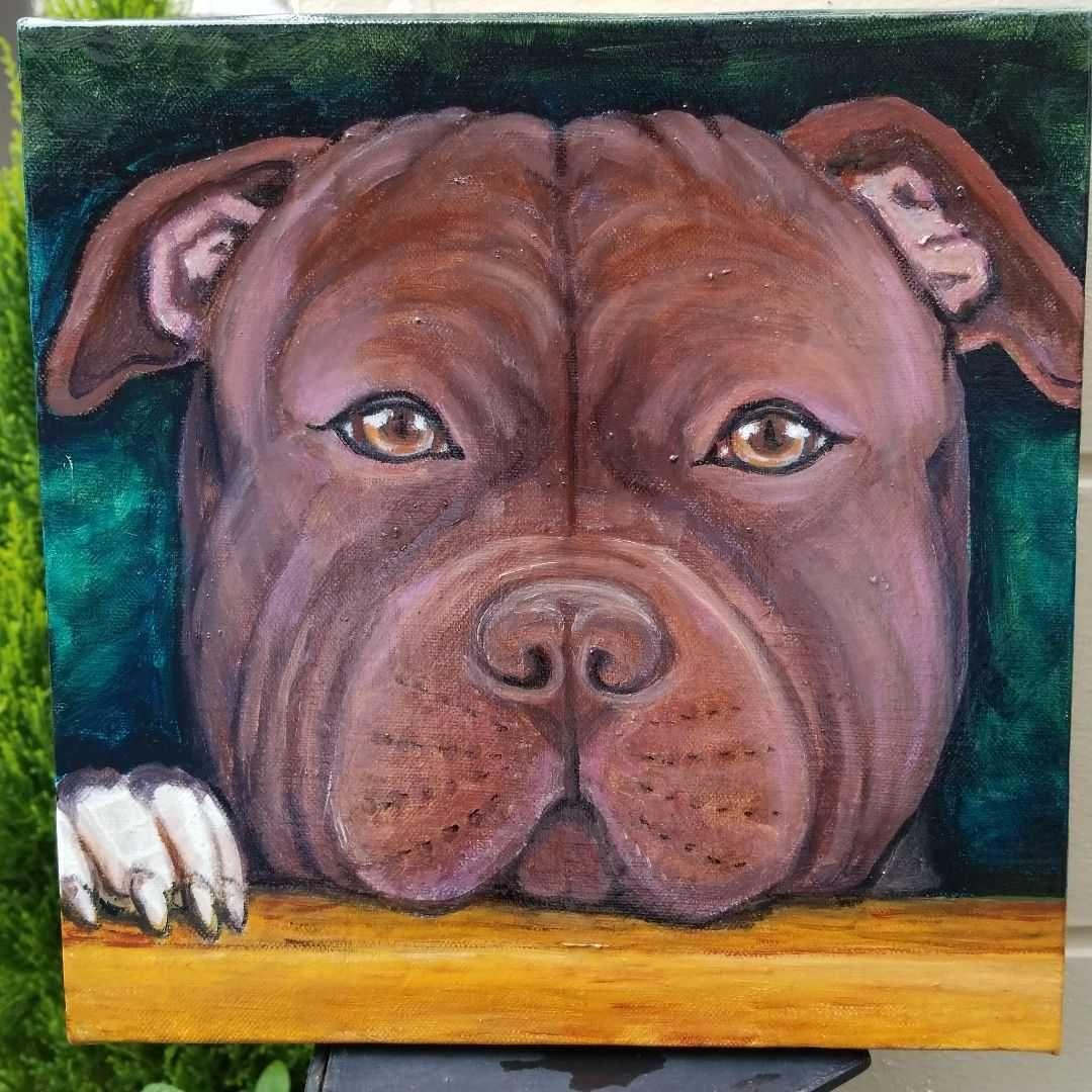 油絵　専用　窓からパパを見送る犬