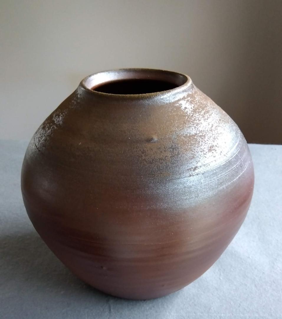 備前焼名工　幸崎達彦　落雁窯　還元焼成自然灰釉美逸品丸壺花器