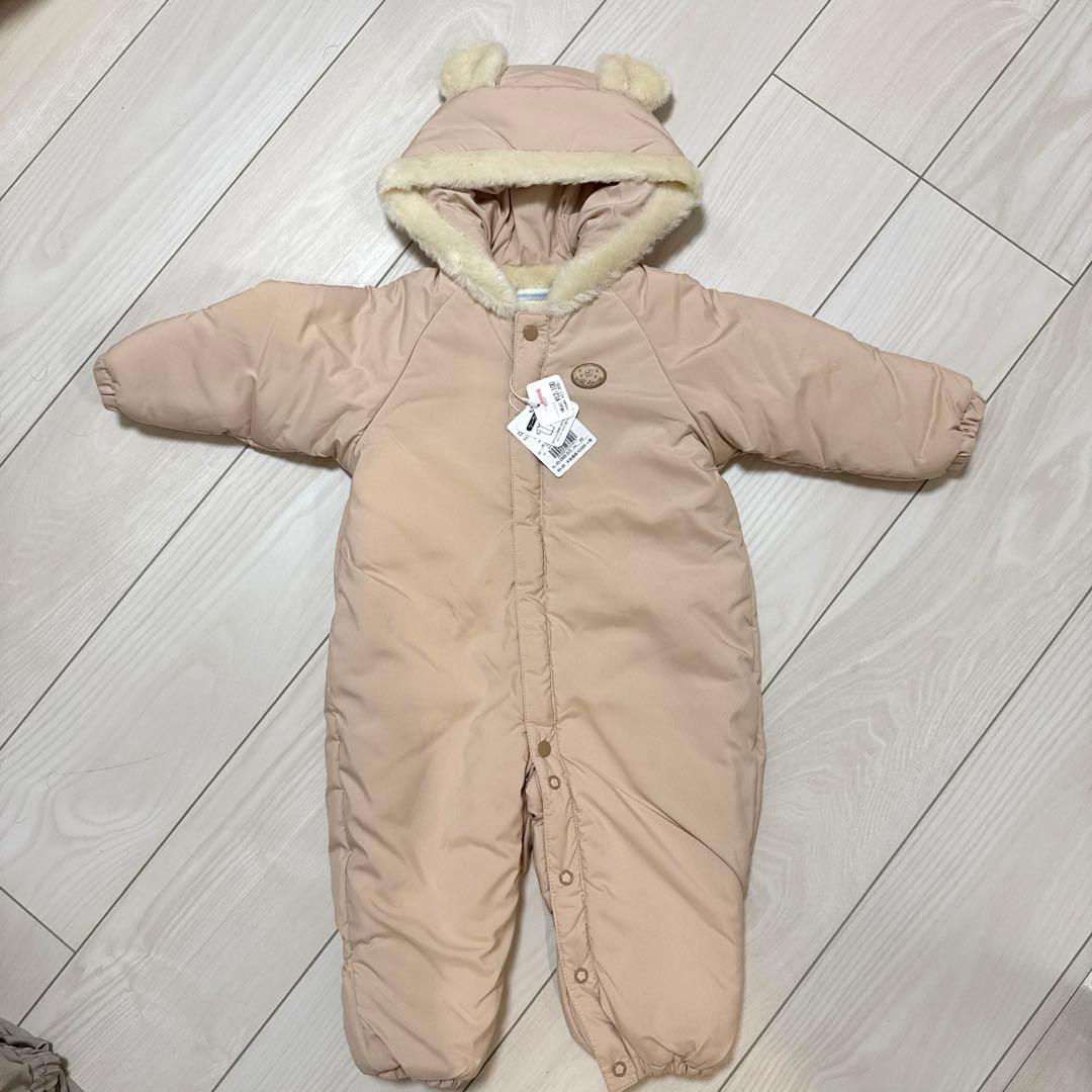 新品未使用　ミキハウス　ベージュ 耳付きフード　ジャンプスーツ　サイズ60-80