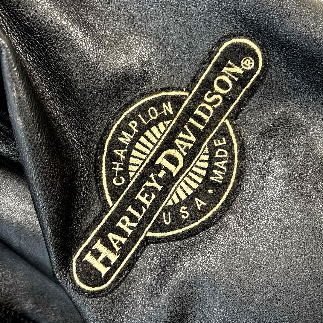ハーレーダビットソン　レザージャケット　シングル　ライダース　ワッペン　刺繍　黒