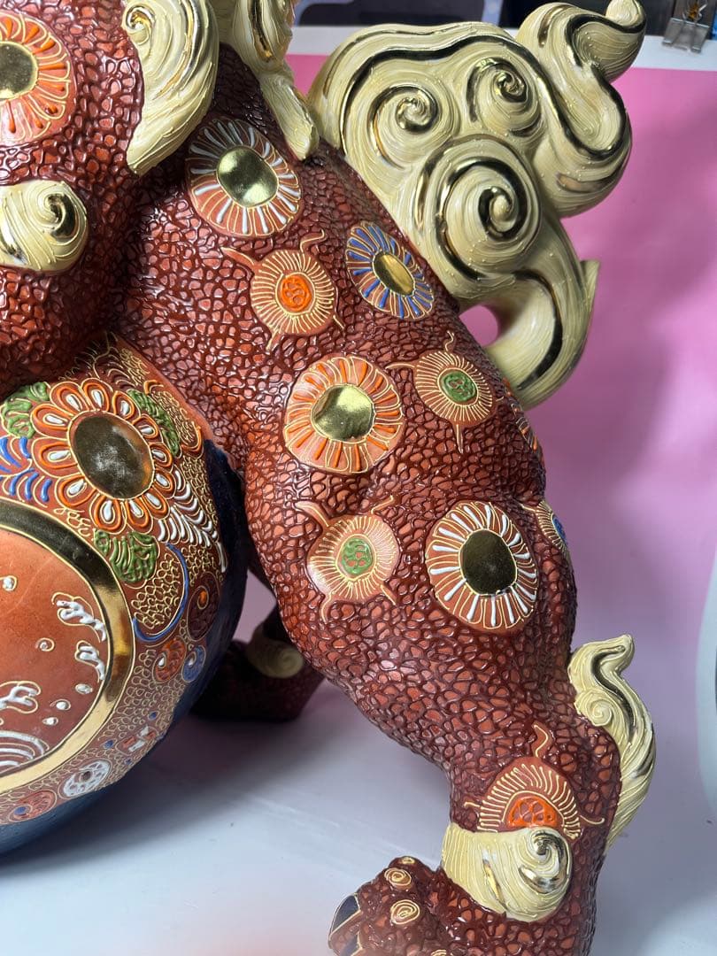 九谷焼 陶器 獅子 玉乗り シーサー 置物 縁起物 厄除け 高さ約56cm