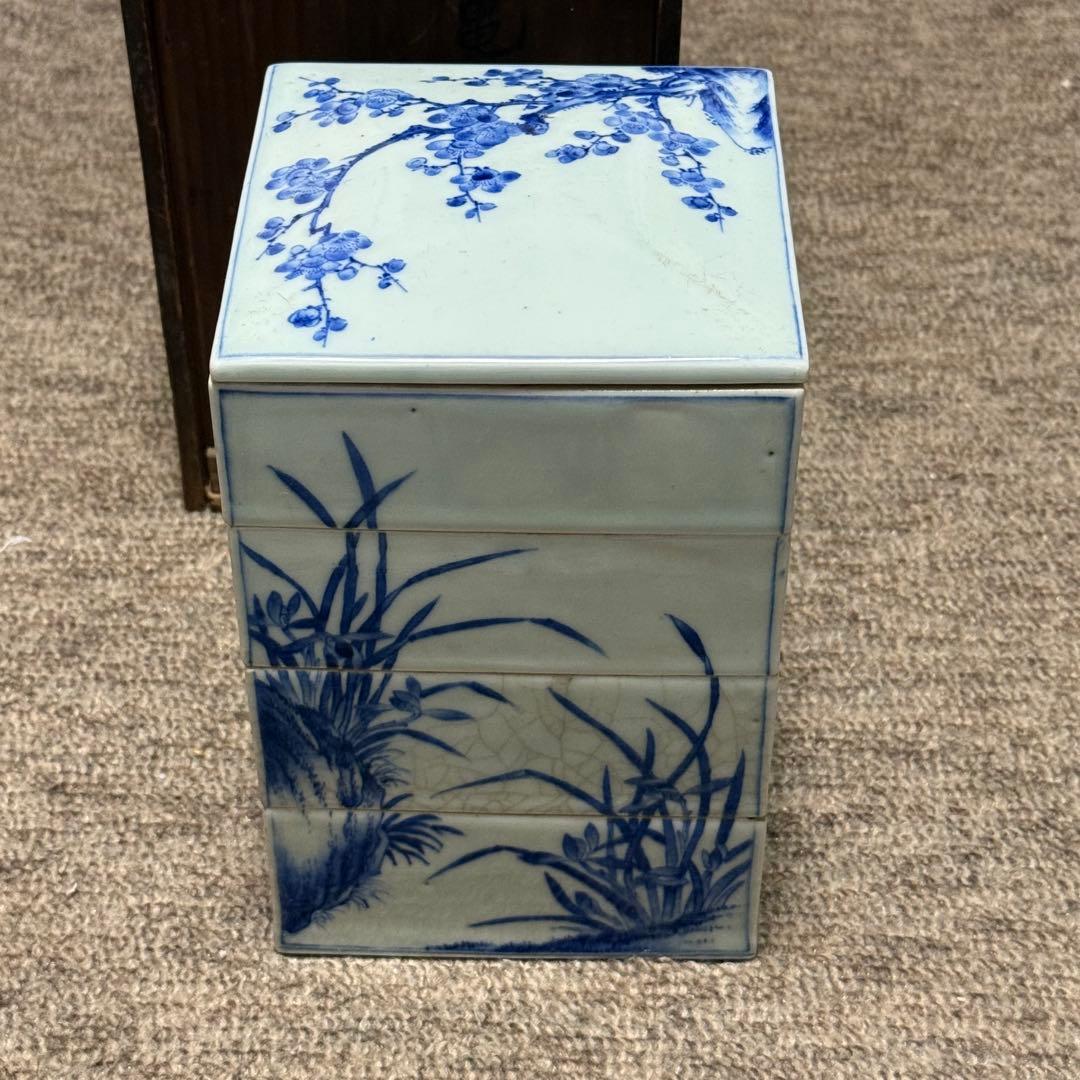 江戸期 亀山焼 染付 重箱 箱付