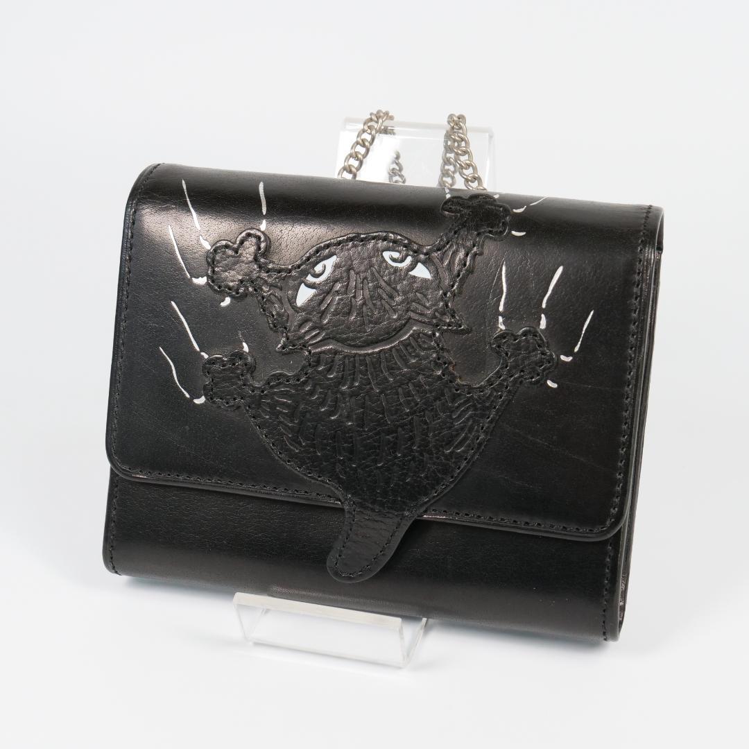 良品✨ わちふぃーるど ダヤン 本革 二つ折り財布 ブラック 刺繍 チェーン付