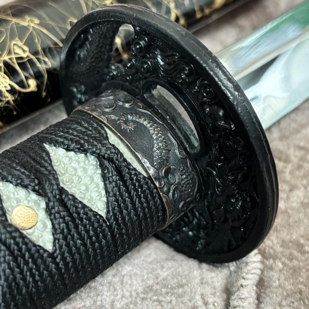 美品 龍神金具 模造刀 金糸塗鞘 互の目刃文 全長98cm 抜身912g 鑑賞用