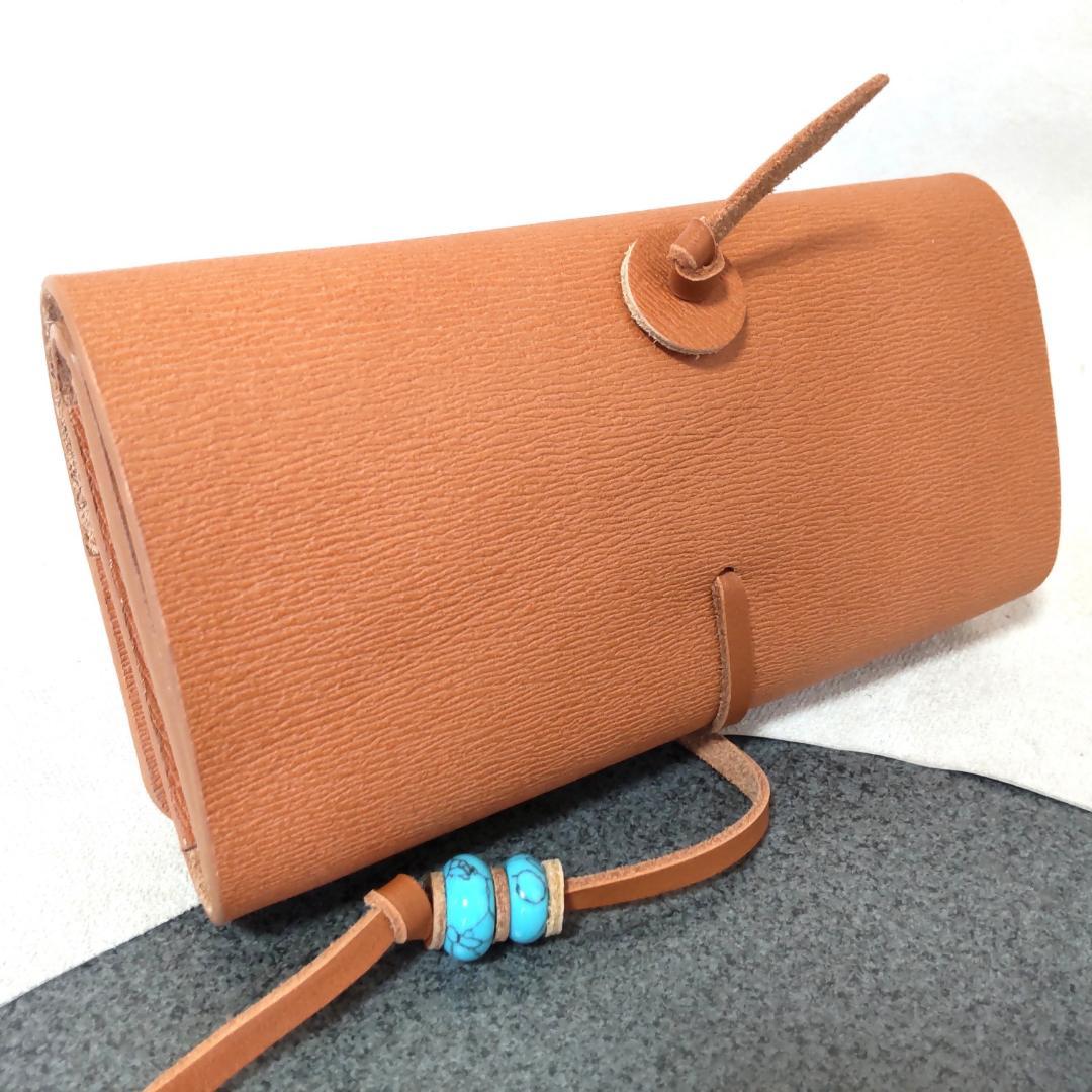 三つ折りシャグポーチ牛革（ペールオレンジ） コンチョ紐止め【T-04】