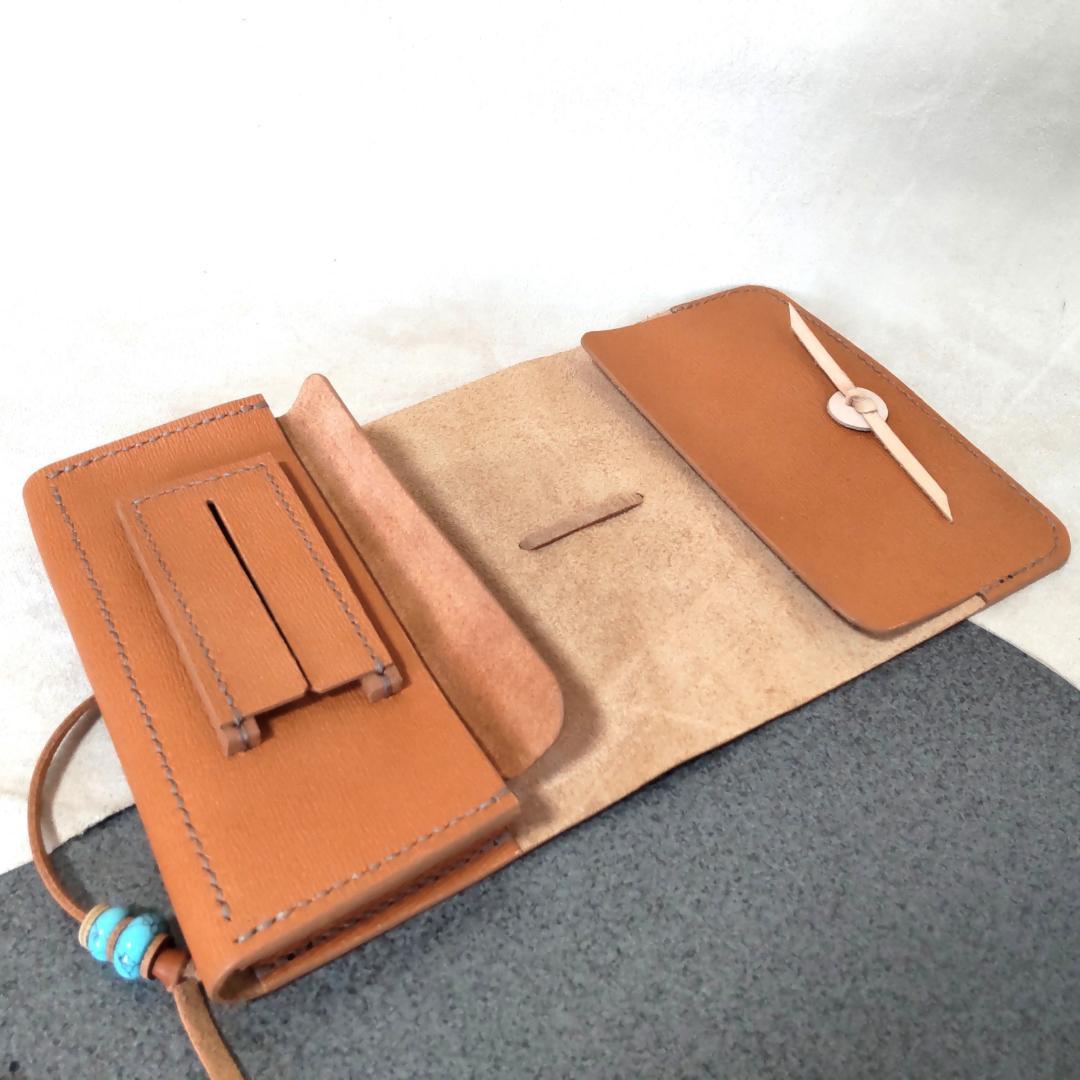 三つ折りシャグポーチ牛革（ペールオレンジ） コンチョ紐止め【T-04】