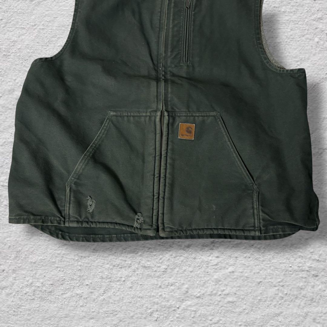 カーハートダックベスト90sカーキvintage鬼フェード内ボア古着XLボロ