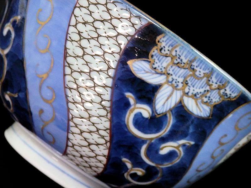 古伊万里　染錦　捻り紋　花の図　蓋茶碗　江戸期　E545AS-CIp