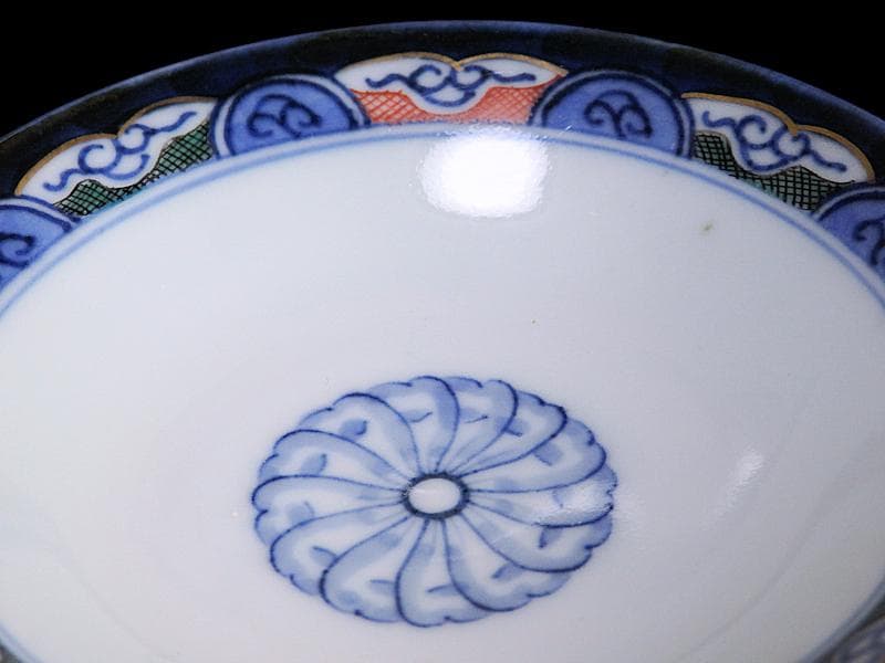 古伊万里　染錦　捻り紋　花の図　蓋茶碗　江戸期　E545AS-CIp