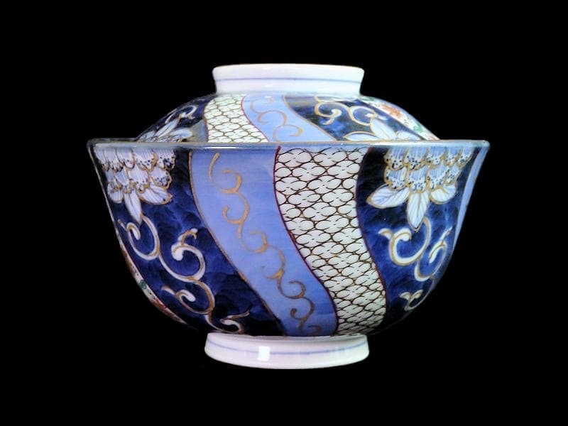 古伊万里　染錦　捻り紋　花の図　蓋茶碗　江戸期　E545AS-CIp