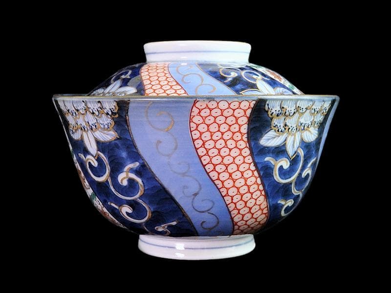 古伊万里　染錦　捻り紋　花の図　蓋茶碗　江戸期　E545AS-CIp