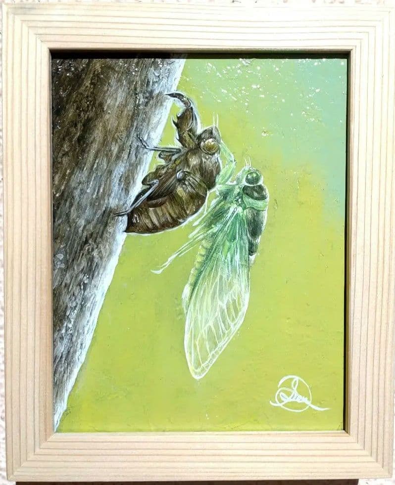 セミの油絵【羽化】作者サイン入り◆F0号サイズ◆額縁付属