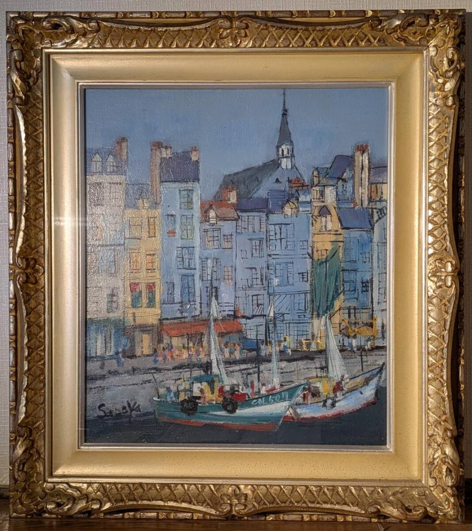 【真作】絵画　笹谷幸吉　油彩10号　オンフルール　異国情緒あふれる港町　W28