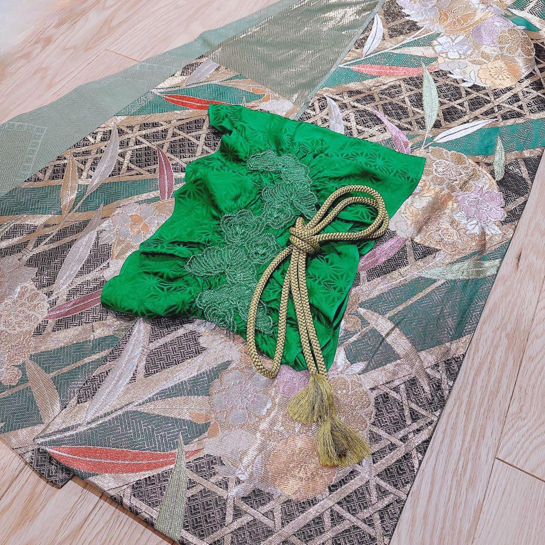 洗える振袖　セット　裄65 M L 帯　緑　ミント　蝶々　菊