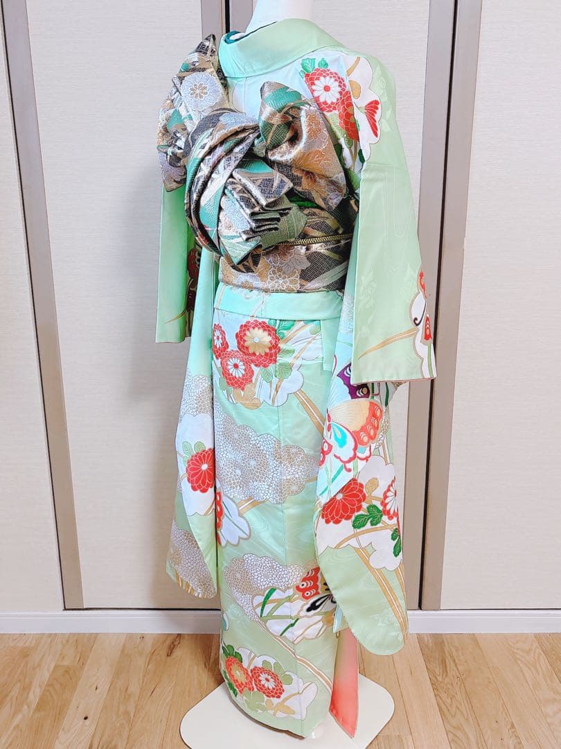 洗える振袖　セット　裄65 M L 帯　緑　ミント　蝶々　菊