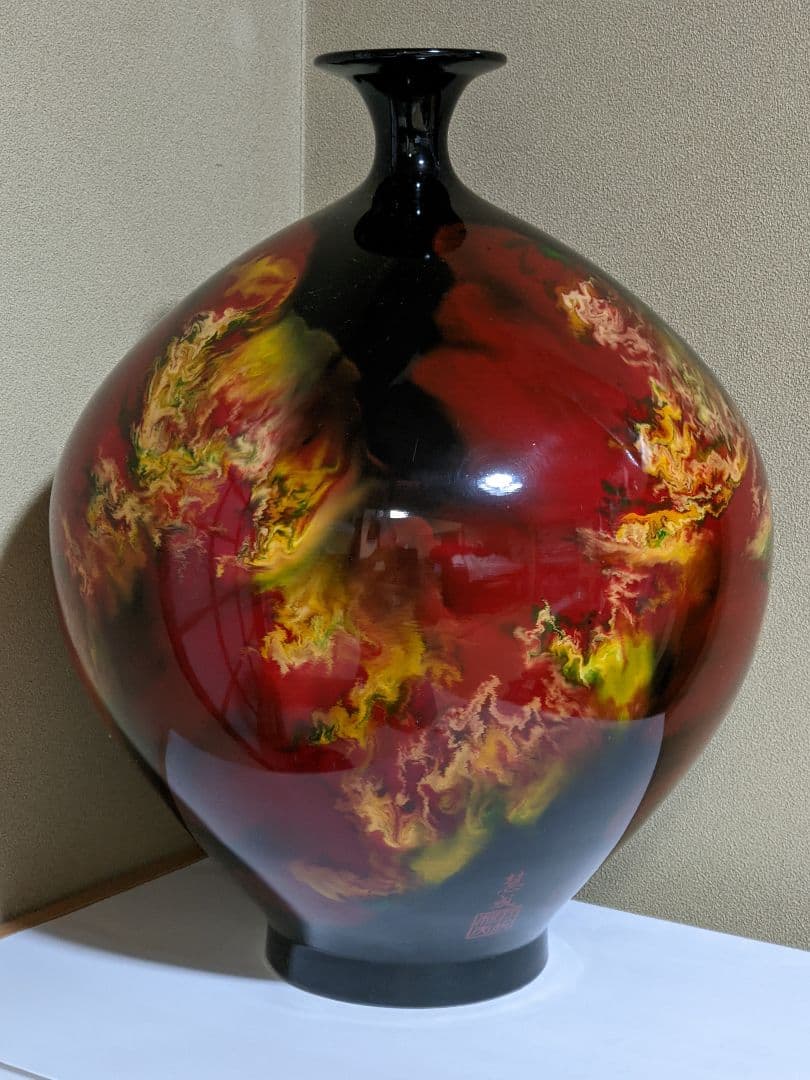 ♦九谷焼 佐野慧成作 炎舞 大花瓶 置物飾り ディスプレイ 昭和時代 骨董品