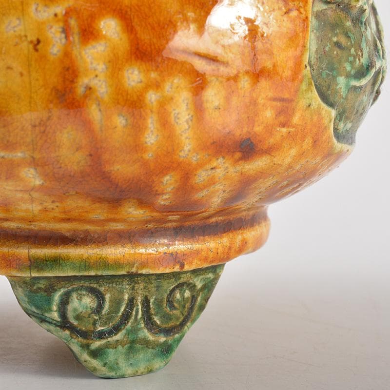 中国　三彩　花文　沖耳爐　三足香炉　時代箱　V　R7159