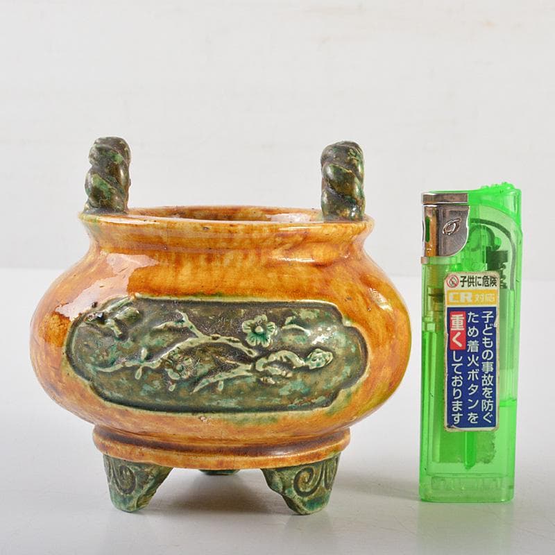 中国　三彩　花文　沖耳爐　三足香炉　時代箱　V　R7159