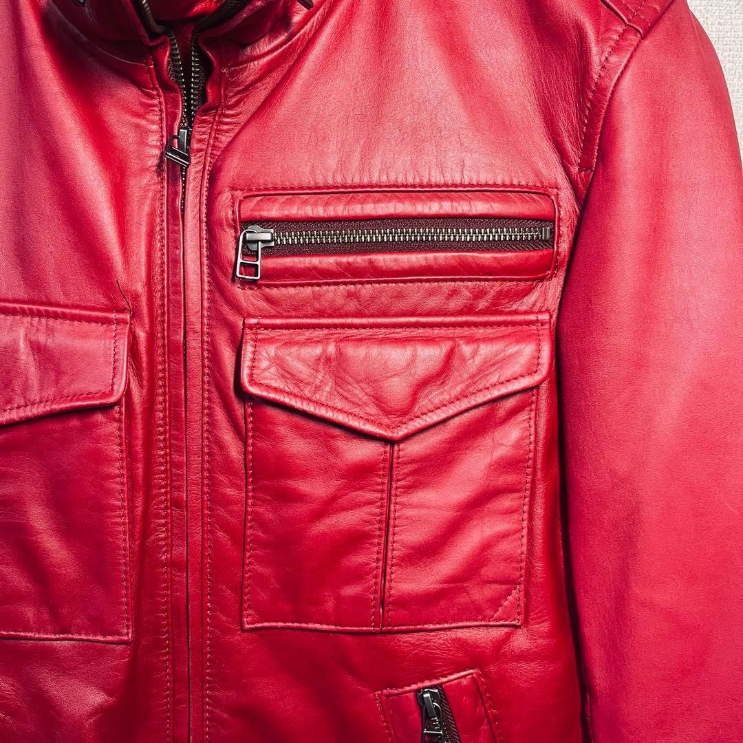 【美品】AVIREX 本革レザージャケット 赤 M スタンドカラー ライダース