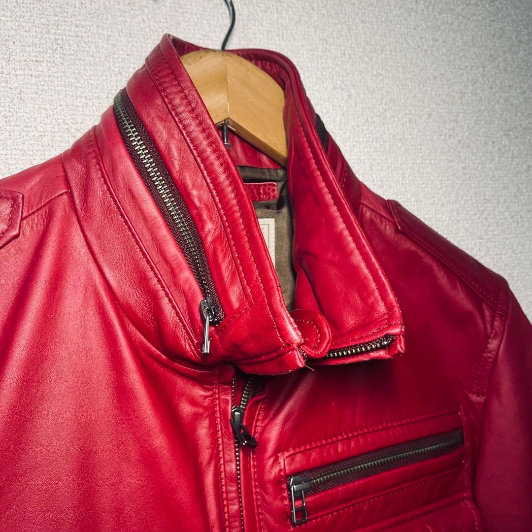 【美品】AVIREX 本革レザージャケット 赤 M スタンドカラー ライダース