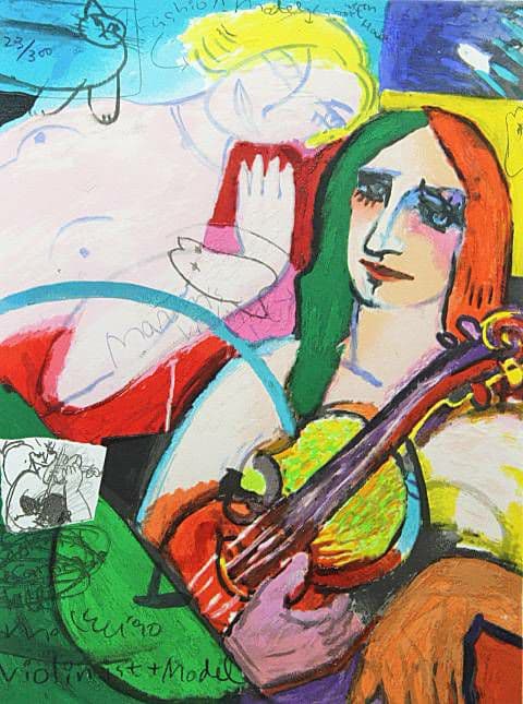 マイケルルー「VIOLINIST AND MODEL」 版画　バイオリン　猫