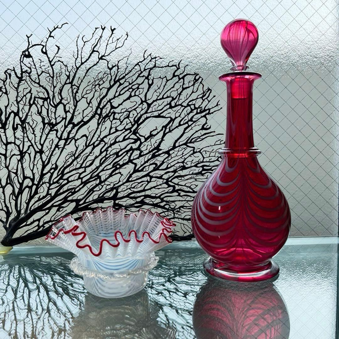 骨董　時代ガラス　超希少　金赤フチ　掻き揚げ模様　菓子器　氷鉢　ウランガラス