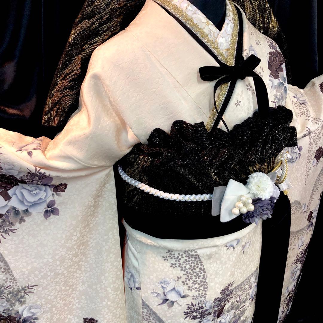 ■モノトーン系■白振袖■薔薇■正絹振袖フルセット■成人式■振袖一式