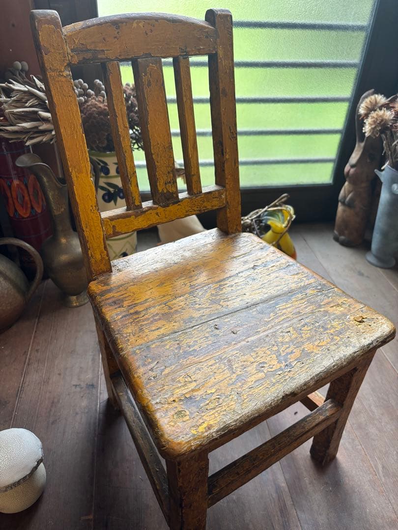 イタリア アンティーク 木製 キッズチェア イエロー シャビーシック