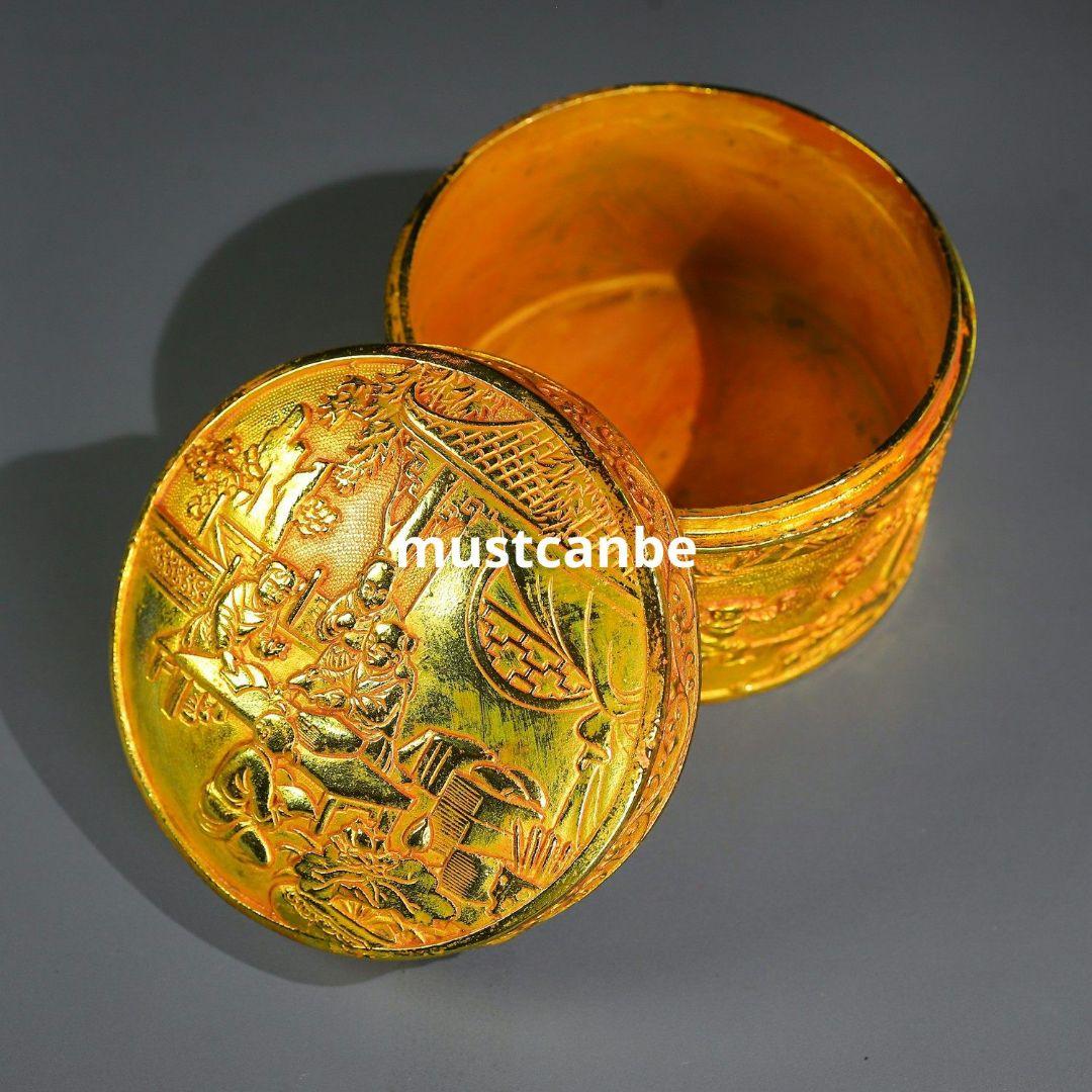 鏨刻百子図飾盒 粉函 墨盒 文房具 金属工芸品 置物