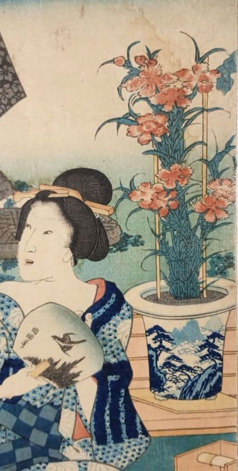 浮世絵版画、十二月の内水無月土用干三枚綴り真ん中1枚売り三代豊国画 有名スイカ絵