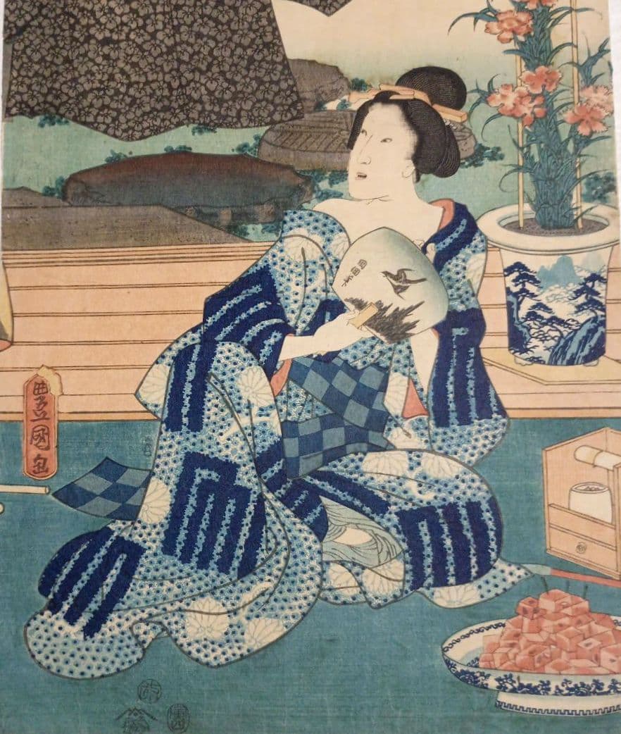 浮世絵版画、十二月の内水無月土用干三枚綴り真ん中1枚売り三代豊国画 有名スイカ絵