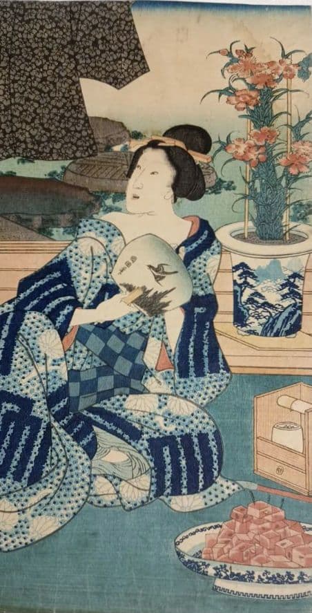 浮世絵版画、十二月の内水無月土用干三枚綴り真ん中1枚売り三代豊国画 有名スイカ絵