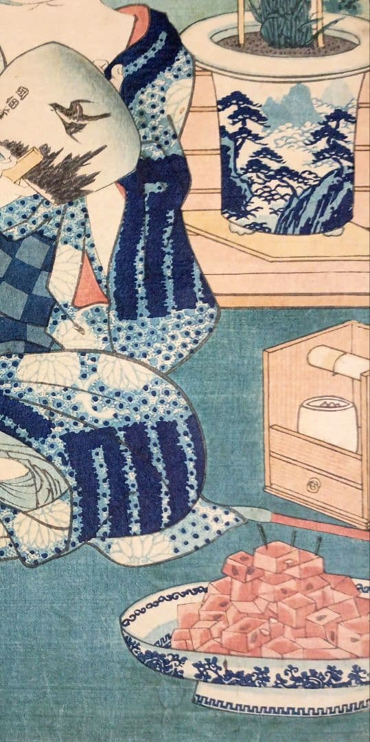 浮世絵版画、十二月の内水無月土用干三枚綴り真ん中1枚売り三代豊国画 有名スイカ絵