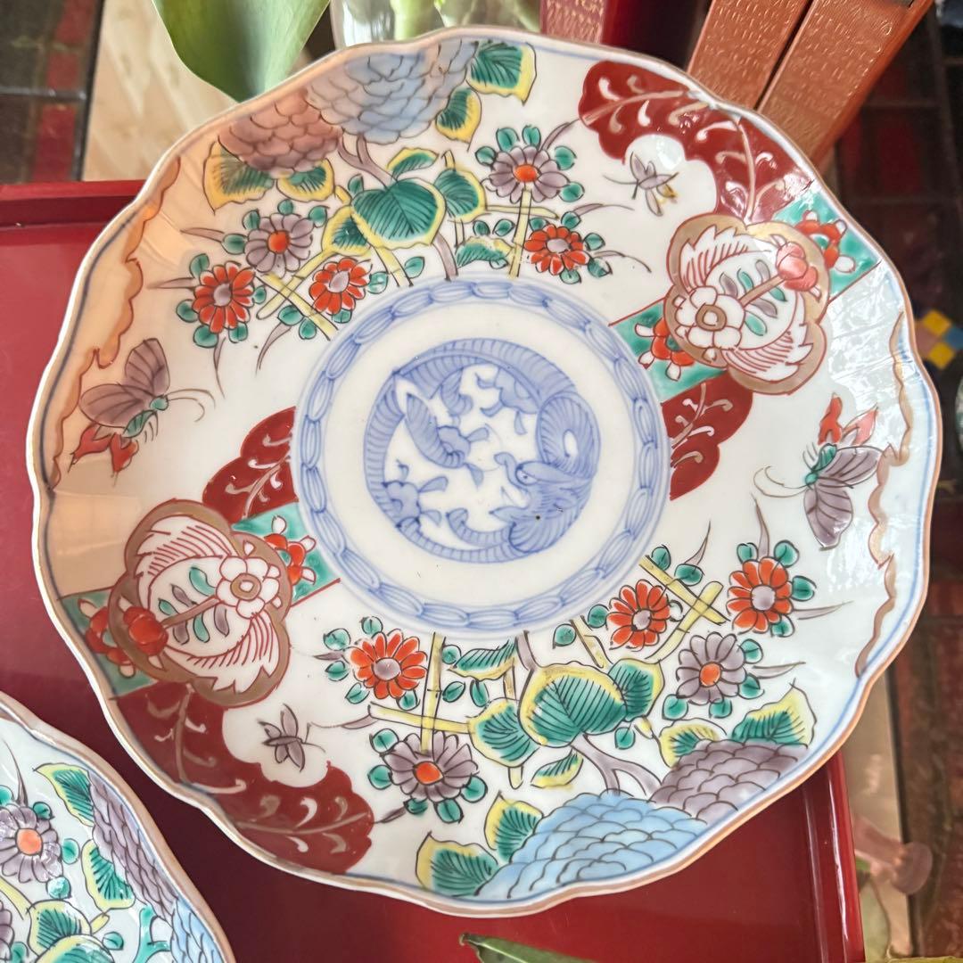 Aさまに感謝お嫁入り‼️渾身伊万里錦手　Dragon❌あじさい桐に蝶蜂菊7寸皿2客