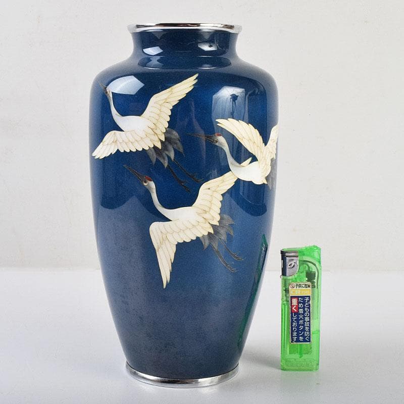 七宝焼　粂野締太郎造　鶴文　花瓶　共箱　M　R9266
