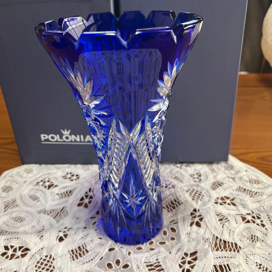 POLONIA カットガラス 花瓶 青　箱つき