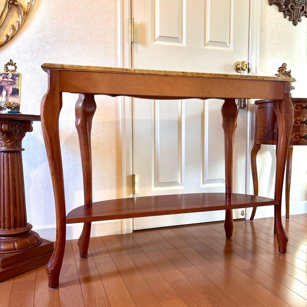 イタリア製 大理石 猫足コンソールテーブル、天使置物、真鍮コンポート、新品レース