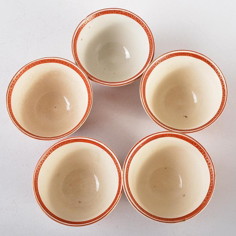 九谷焼　古九谷焼　赤絵金彩　山水人物花文　煎茶碗　五客　時代箱付　F　R5469