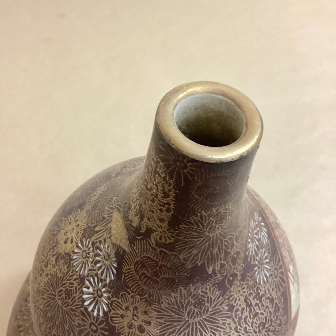 薩摩焼 連山 瓢箪型 金蘭手花尽文扇面花鳥風景図 飾り壺 高さ32cm